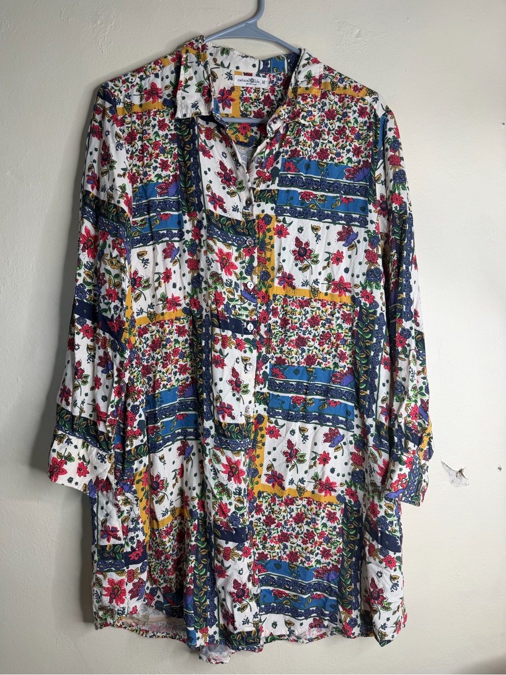 Natural Life Floral Patch Work Print Button Up Longer Length Tunic Size Medium
